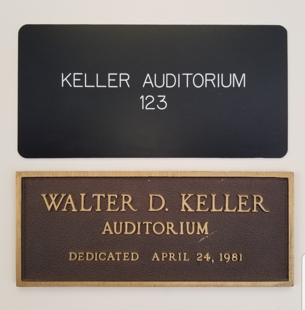 Signage for Keller Auditorium, named after Walter Keller